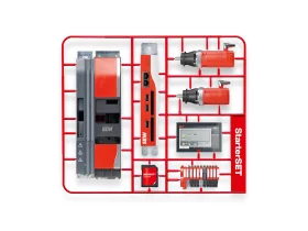 StarterSET from SEW-EURODRIVE with various components such as controllers, drives, a touchscreen and other modules.