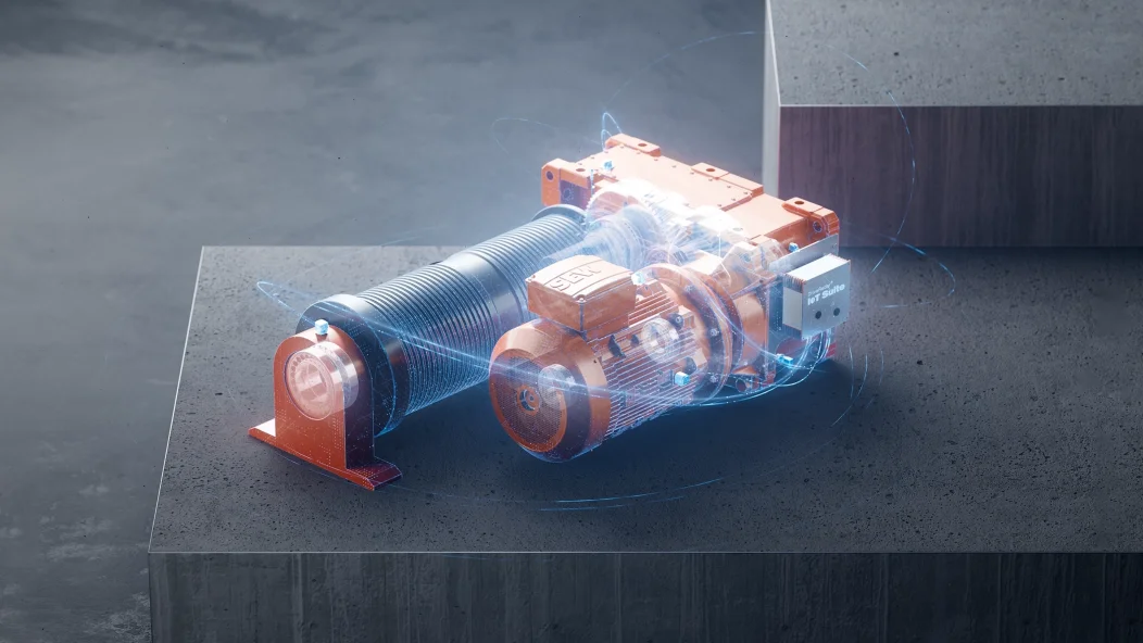 Industrial gear unit with motor with stylized insight into the motor and graphic line elements